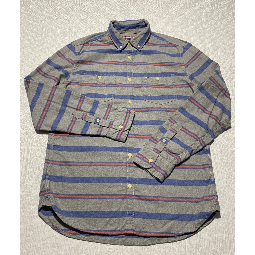 Tommy Hilfiger Mens Large Gray Blue Striped‎ Long Sleeve Flannel Shirt L